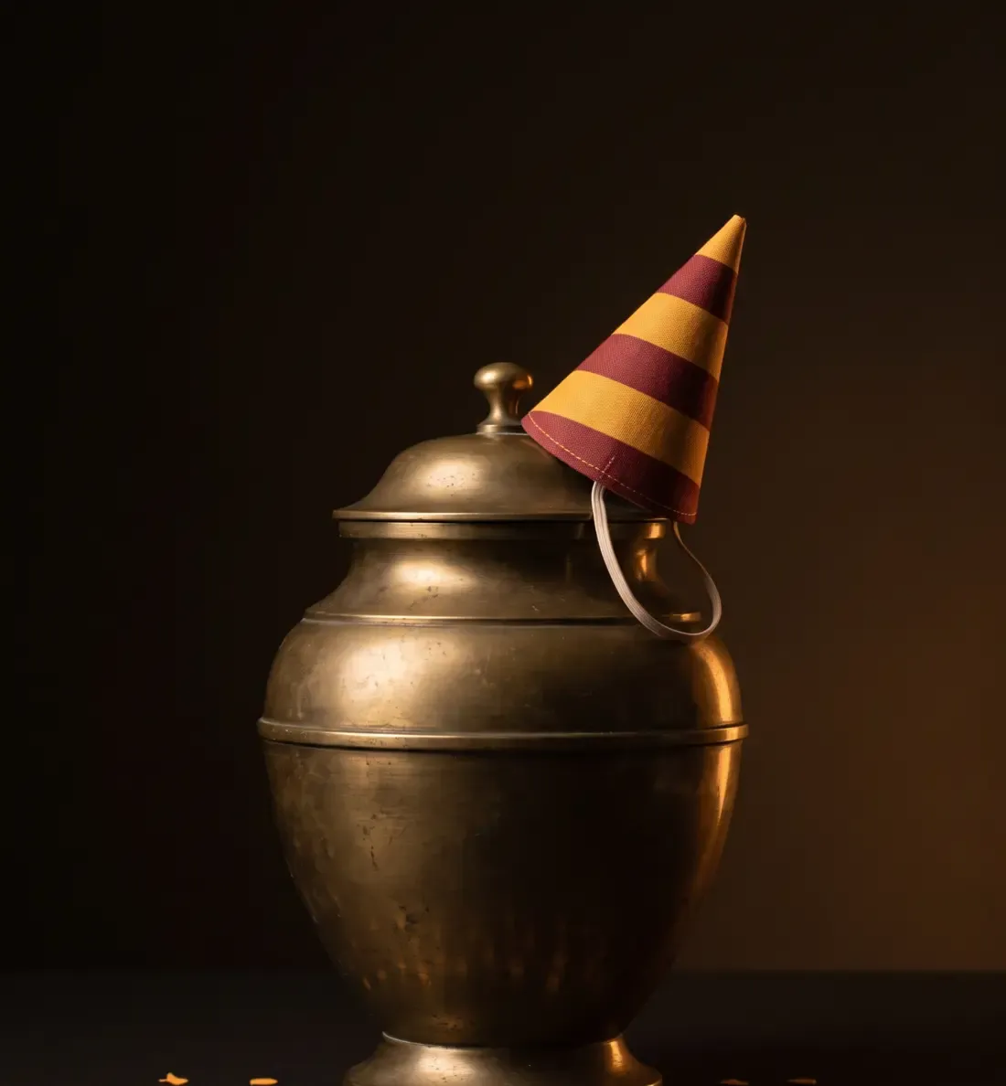 A brass urn wearing a striped paper party hat at a rakish angle, with marigold confetti scattered around it.