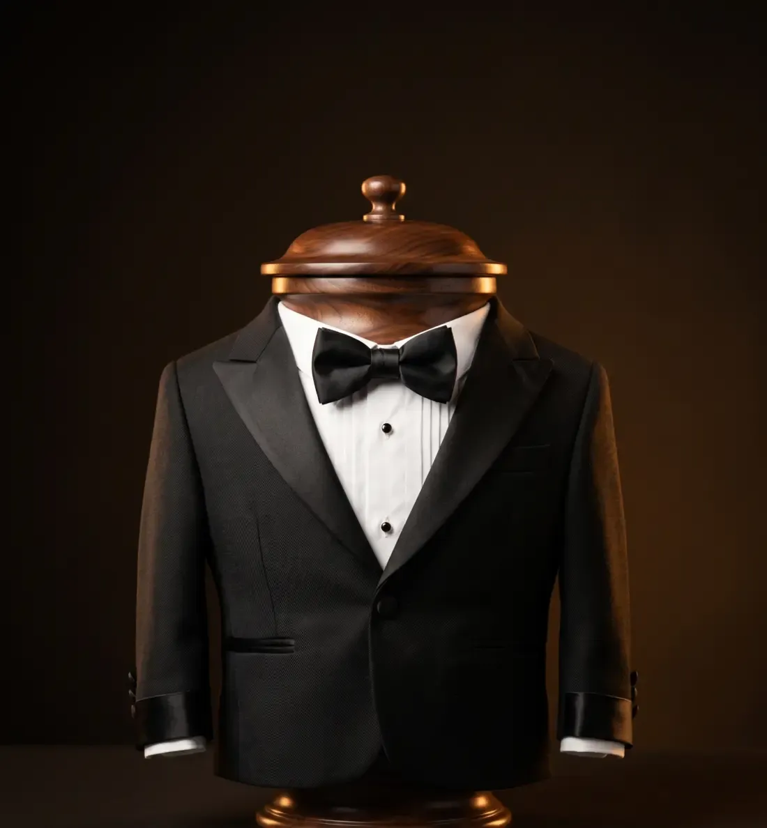 A dark walnut cremation urn wearing a tailored miniature black tuxedo jacket with satin lapels and a bow tie.