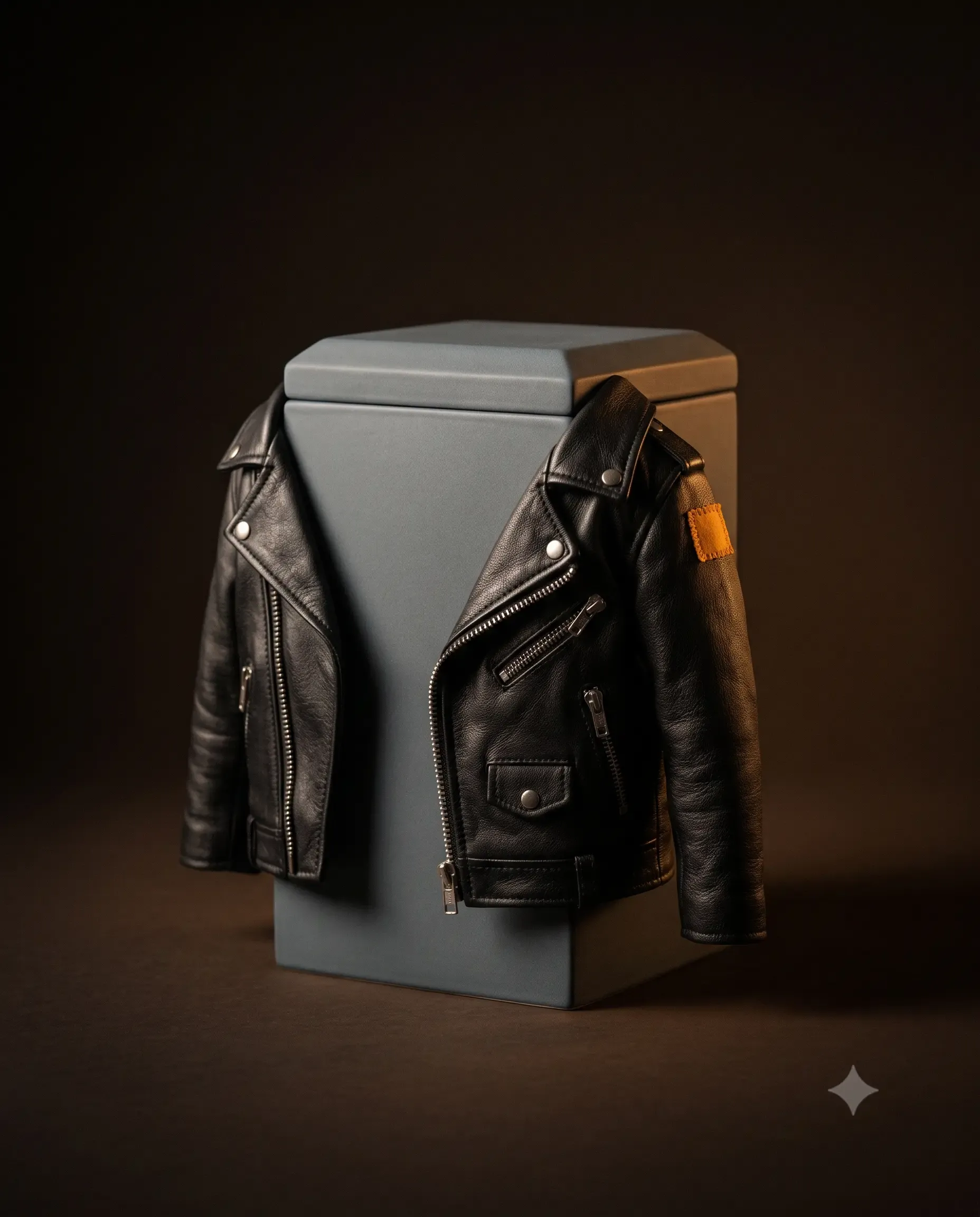 A slate-grey box urn wearing a black leather biker jacket with a marigold shoulder patch.