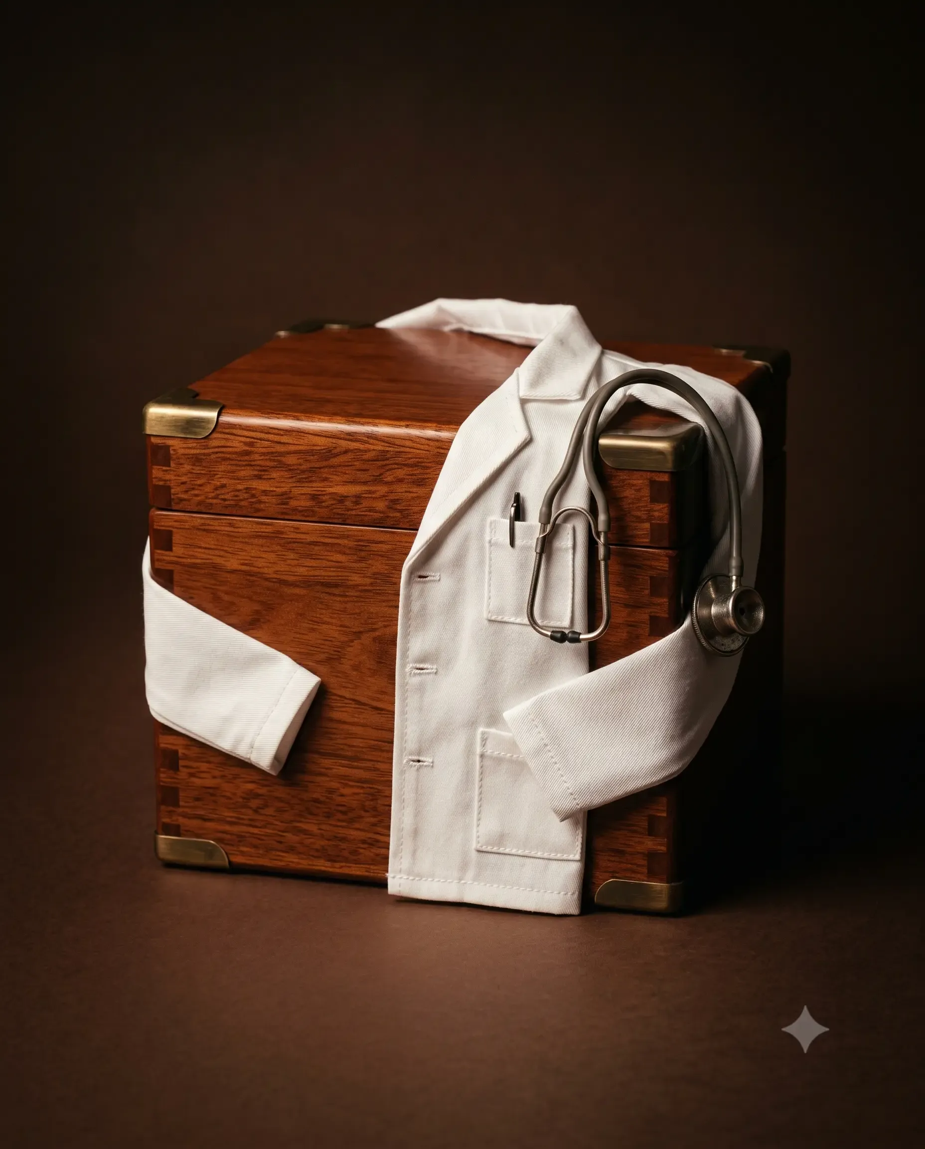 A mahogany box urn with brass corners wearing a white doctor’s coat and stethoscope draped over its lid.