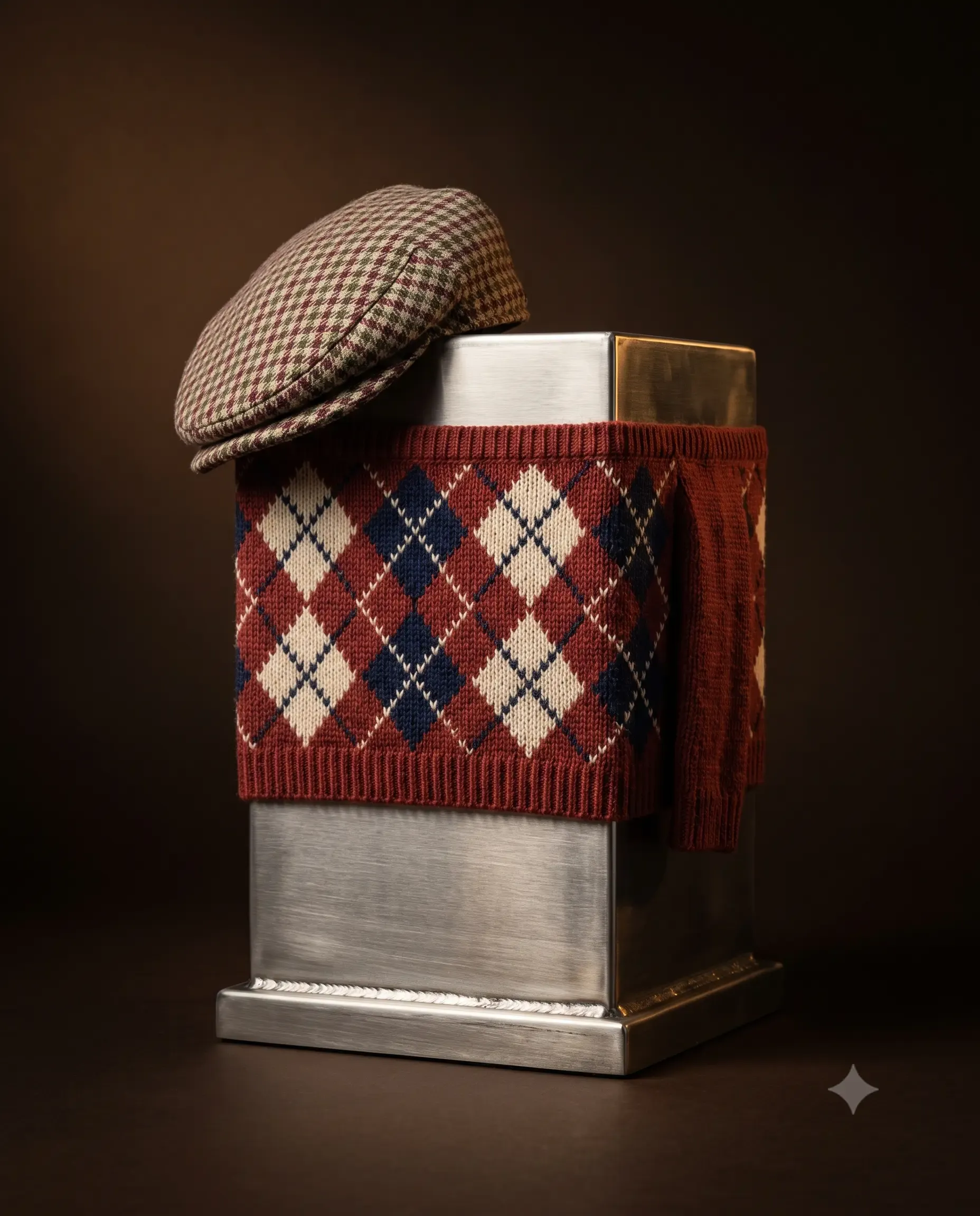 A brushed steel and brass box urn wearing an argyle golf jumper and a flat tweed cap.