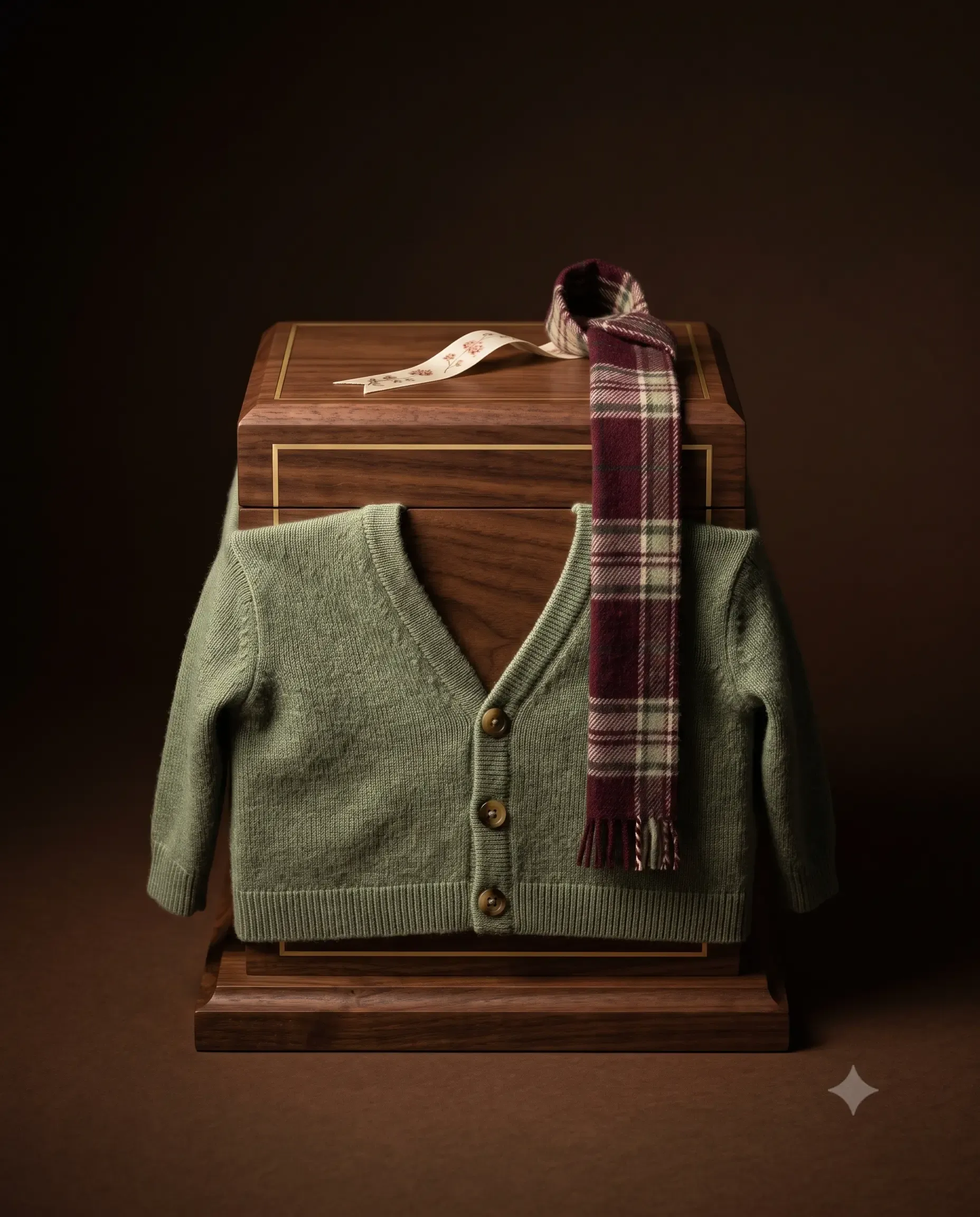 A walnut box urn with brass inlay wearing a sage-green cardigan and a wine tartan scarf, a ribbon bookmark on the lid.
