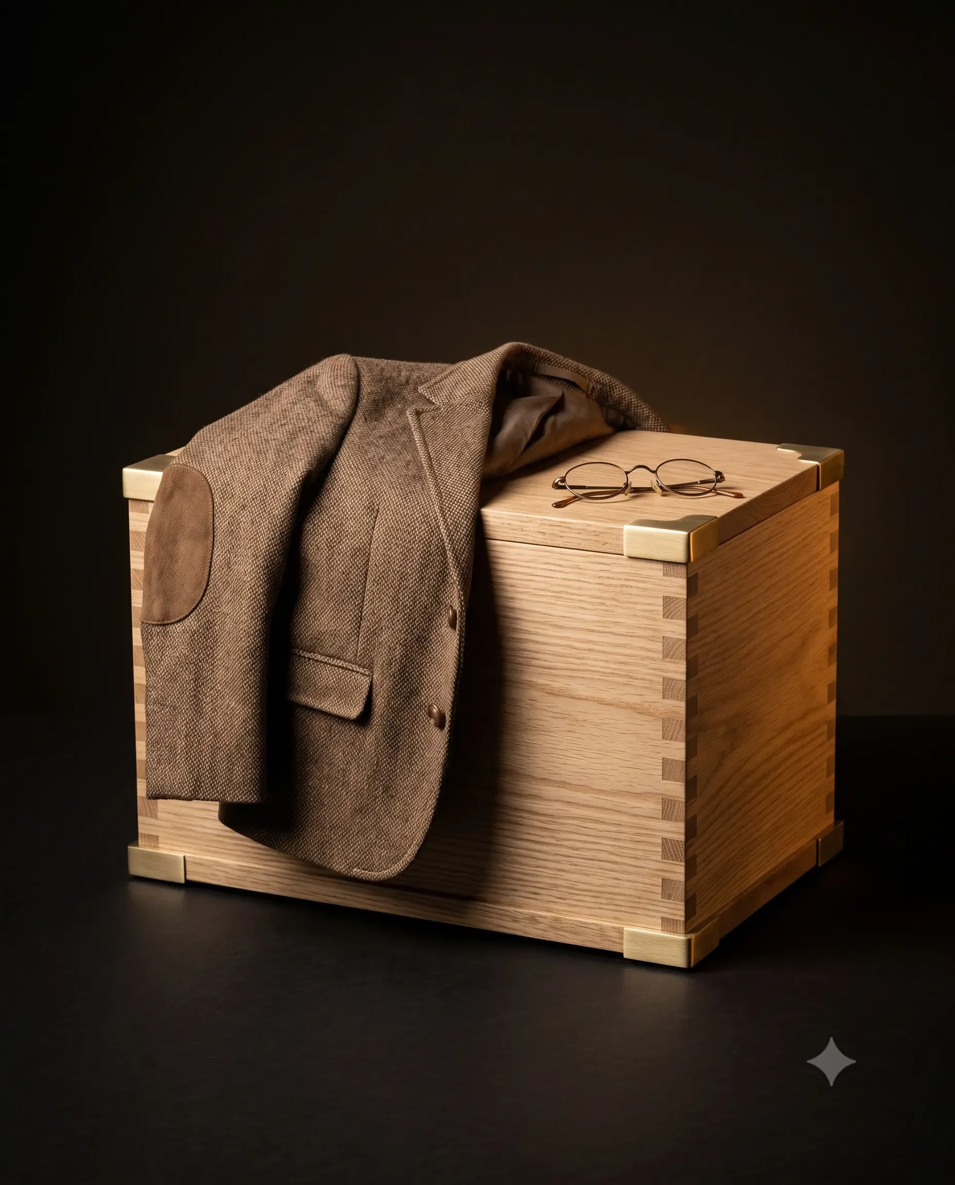 A dovetailed oak box urn wearing a brown tweed blazer with elbow patches, reading glasses resting on the lid.