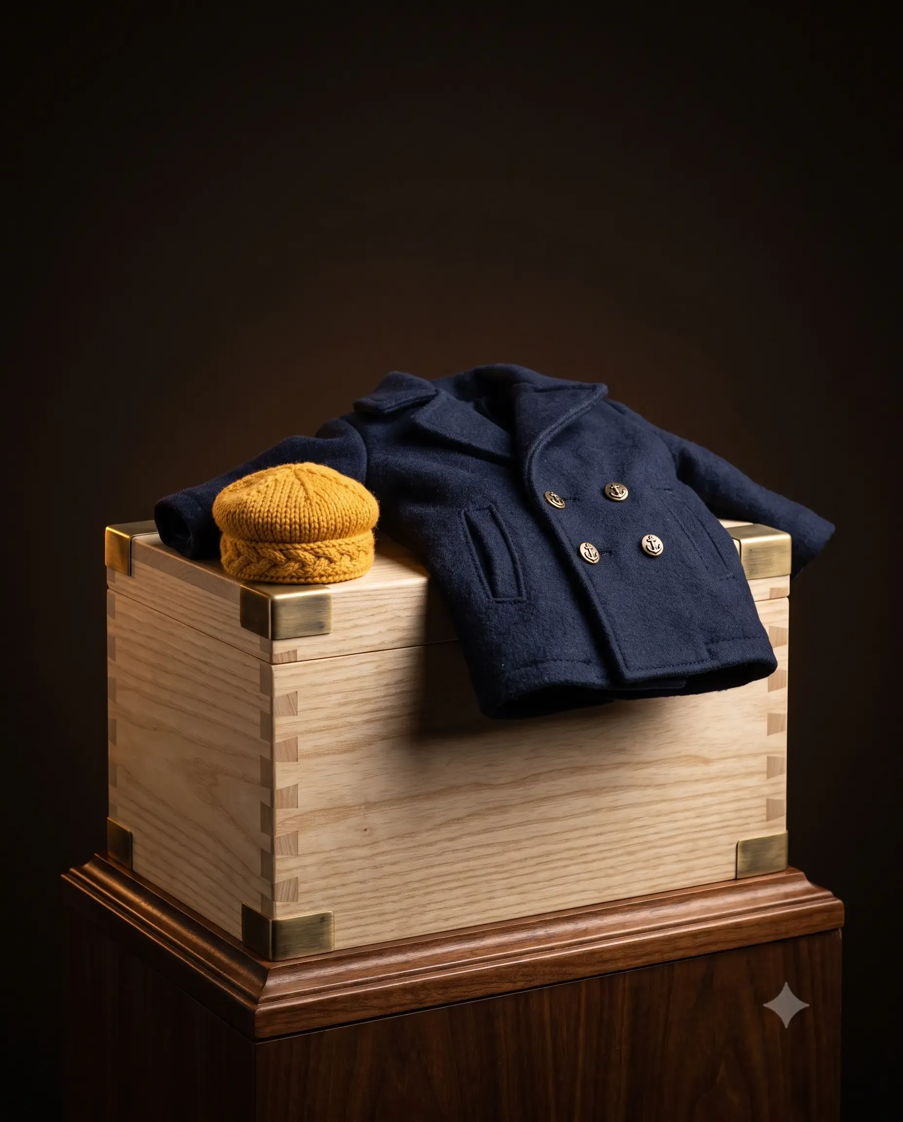 A pale ash box urn wearing a navy wool peacoat with brass buttons and a marigold knitted sailor’s cap.