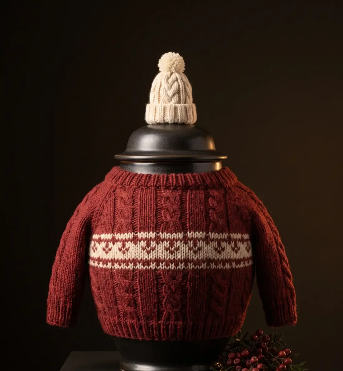 A dark ceramic urn wearing a hand-knitted deep-red cable jumper with a cream fair-isle band and a matching bobble hat.