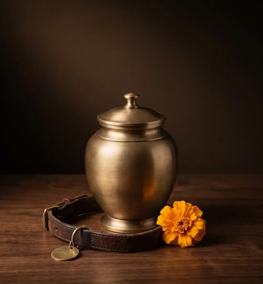 A small brass pet cremation urn on dark wood, with a worn leather collar and brass name tag curled beside it and a single marigold bloom.