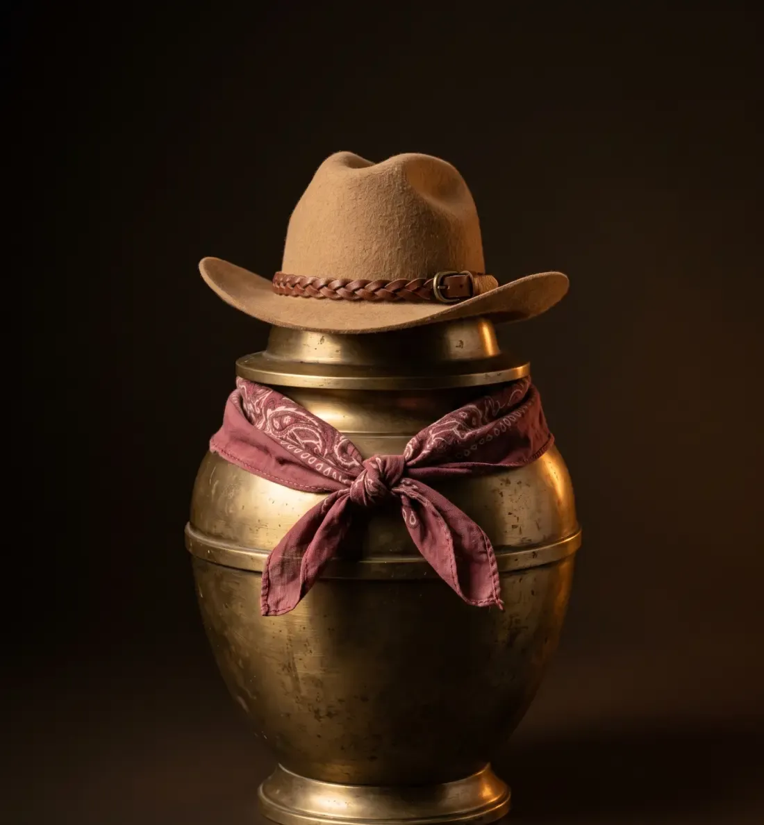 A tarnished brass urn wearing a tan felt cowboy hat and a faded red paisley bandana.