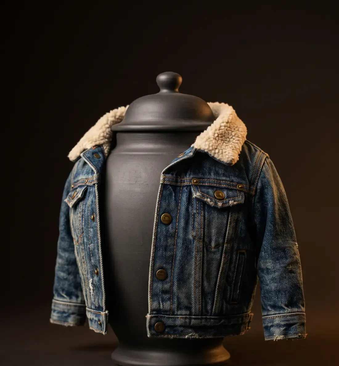 A charcoal ceramic cremation urn wearing a worn indigo denim jacket with brass rivets and a sheepskin collar.