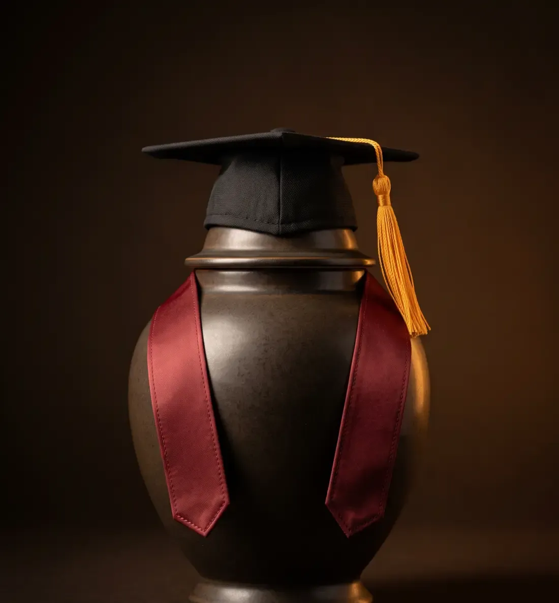 A bronze urn wearing a black mortarboard cap with a gold tassel and a wine-red academic stole.