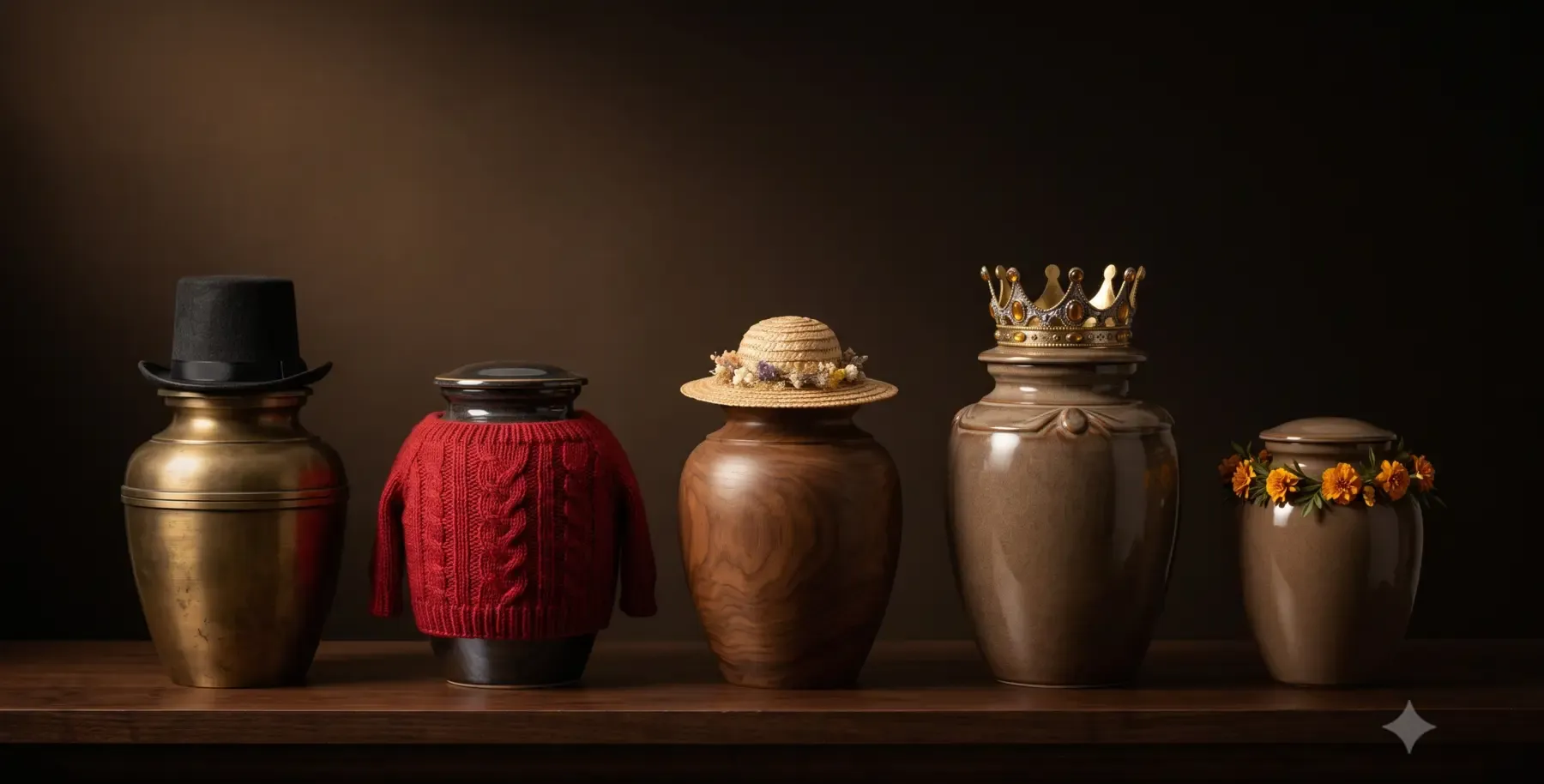 Five cremation urns on a dark mantelpiece, each dressed in a different miniature outfit: a top hat, a red jumper, a sun hat with flowers, a gilt crown and a marigold circlet.