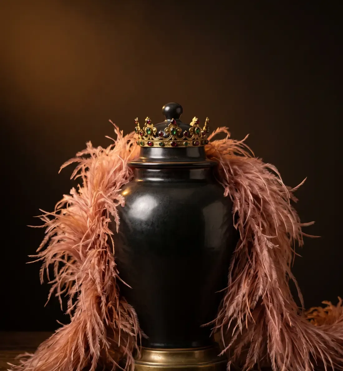 A black ceramic cremation urn wearing a small gilt jewelled crown and a dusty-rose ostrich feather boa.