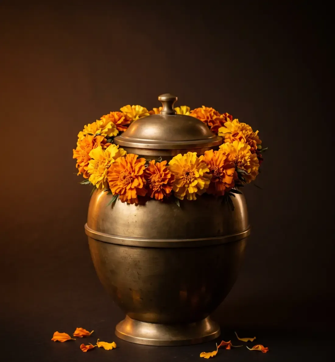 A brass cremation urn crowned with a dense circlet of fresh orange and yellow marigolds, with petals scattered below.