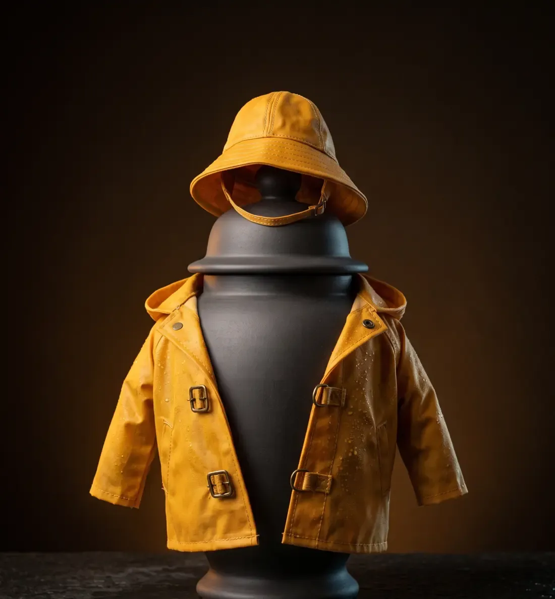 A charcoal ceramic urn wearing a marigold-yellow oilskin raincoat and matching rain hat, beaded with water.