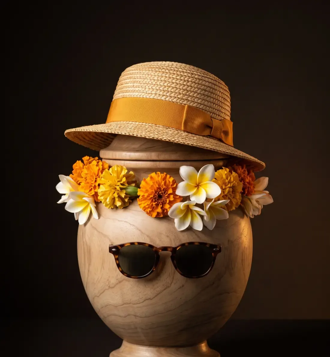 A pale wooden cremation urn wearing a straw sun hat, tortoiseshell sunglasses and a garland of marigolds and frangipani.