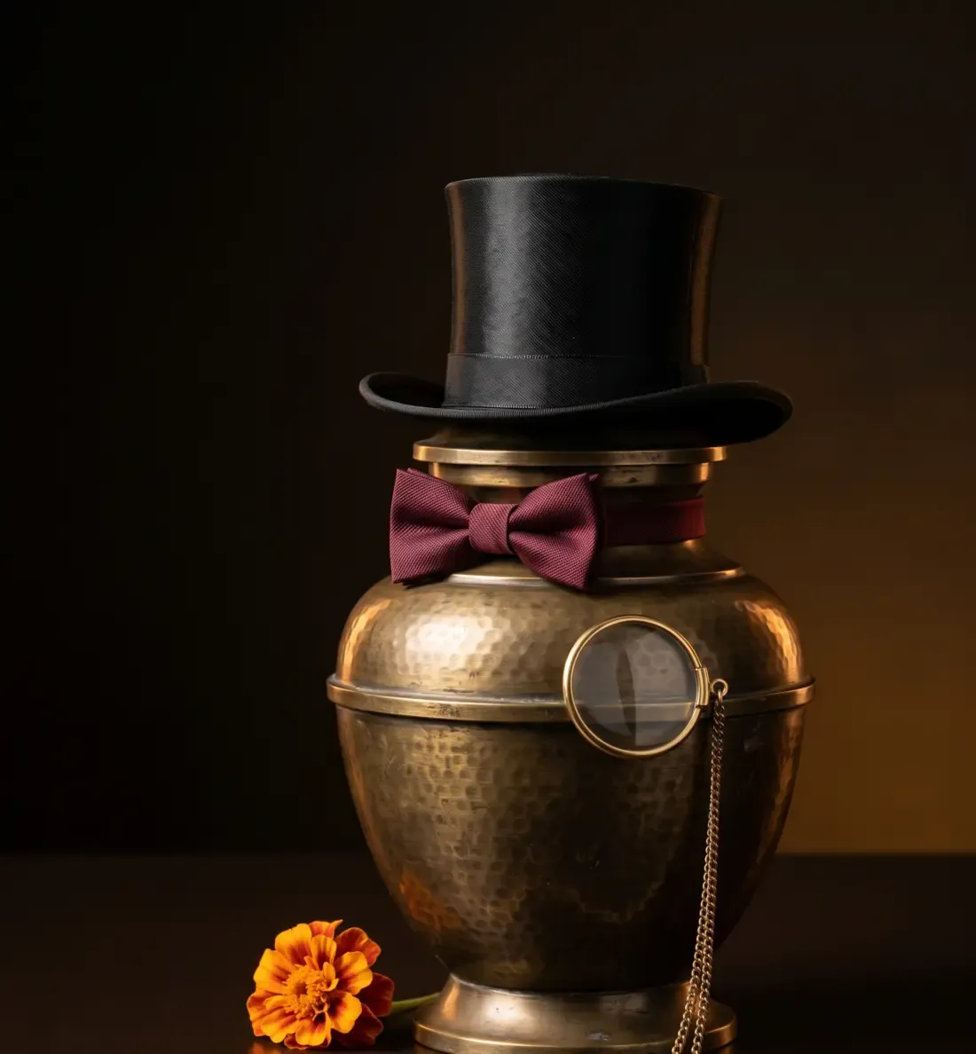 A hammered brass cremation urn wearing a black silk top hat, burgundy bow tie and a brass monocle on a chain.