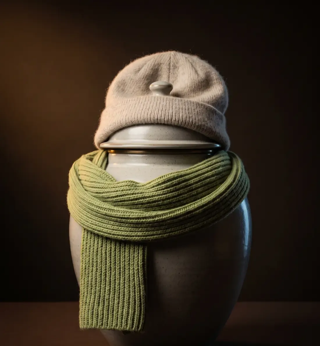 A pale stoneware urn wearing a chunky green knit scarf and a slouchy oatmeal beanie.